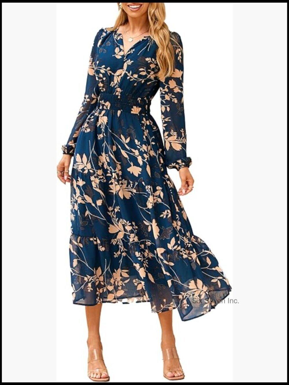 Women's Floral Boho Long Sleeve Maxi Dress V Neck Empire Waist Swing Flowy